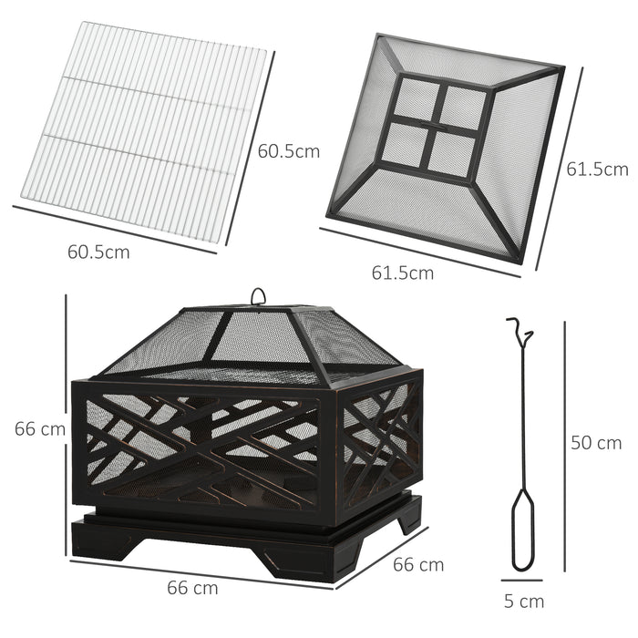 2 in 1 Square Fire Pit and BBQ Grill - 66cm Metal Brazier with Spark Screen Cover and Poker for Garden, Patio - Ideal for Outdoor Heating and Grilling