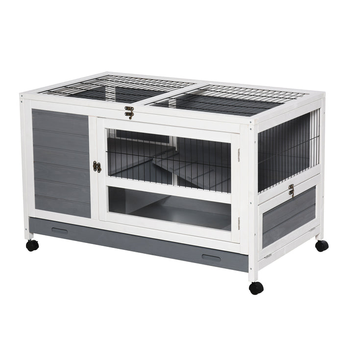 Elevated Wooden Rabbit Hutch - Bunny Cage with Easy Clean Slide-Out Tray for Pets, Indoor Use - Stylish Grey Home for Rabbits