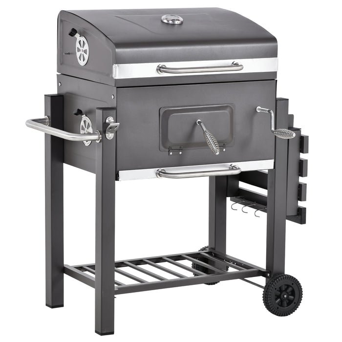 Outdoor Charcoal Grill BBQ Trolley with Smoker - Backyard Garden Cooking Station with Side Shelf, Table, & Wheels - Built-in Thermometer for Perfect Grilling Temp Control