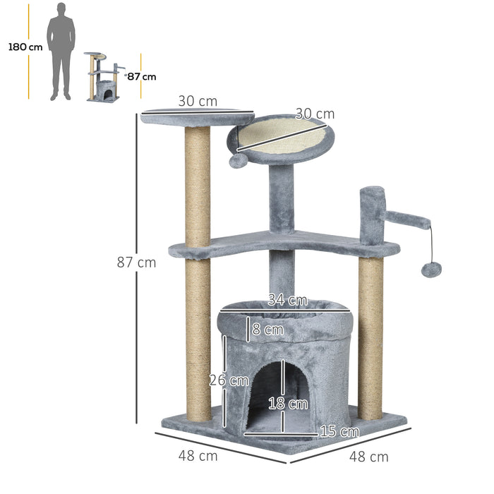 Cat Tree Tower with Condo Bed - Kitten Activity Center with Scratching Post, Perch & Ball Toy in Grey - Ideal for Playful Cats and Scratching Enrichment