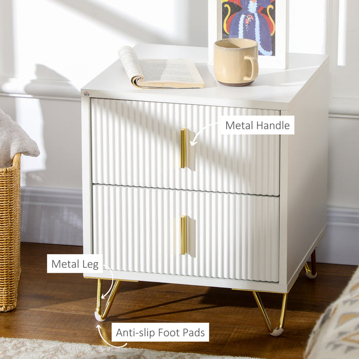 2-Drawer Bedside Table - Sleek White Nightstand with Sturdy Metal Frame - Ideal for Bedroom & Living Room Storage Solutions