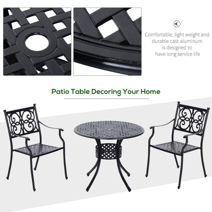 Aluminium Round Garden Table with Umbrella Hole - 85cm Grid Motif Outdoor Dining Furniture, Black - Perfect for Patio and Garden Entertainment