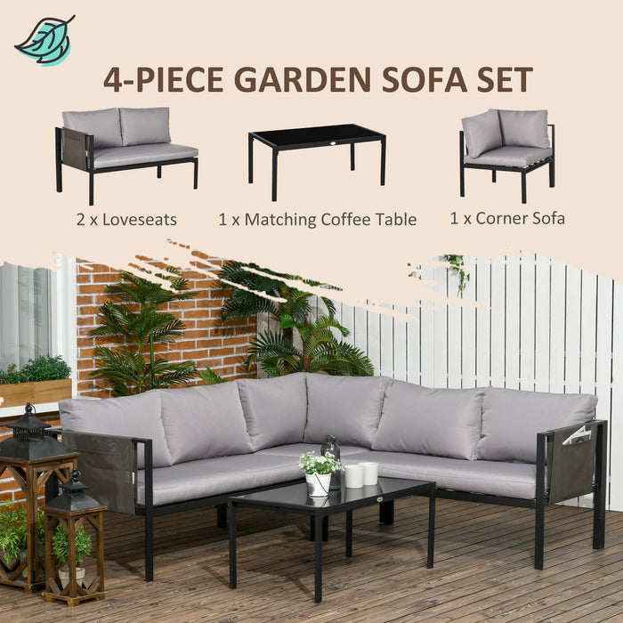 4-Piece Metal Garden Lounge Set with Tempered Glass Coffee Table - Cushioned Corner Sofa and Loveseat for Outdoor Comfort - Perfect for Patio Conversation and Relaxation