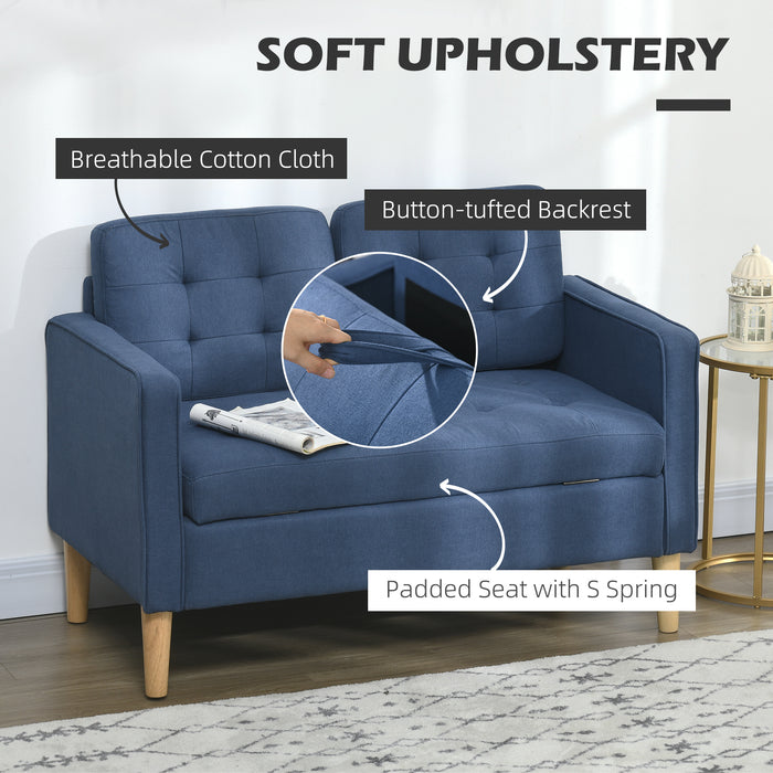 Compact 2-Seater Loveseat with Storage - Modern Tufted Cotton Sofa, Wooden Legs in Blue - Ideal for Small Spaces & Adding Extra Storage