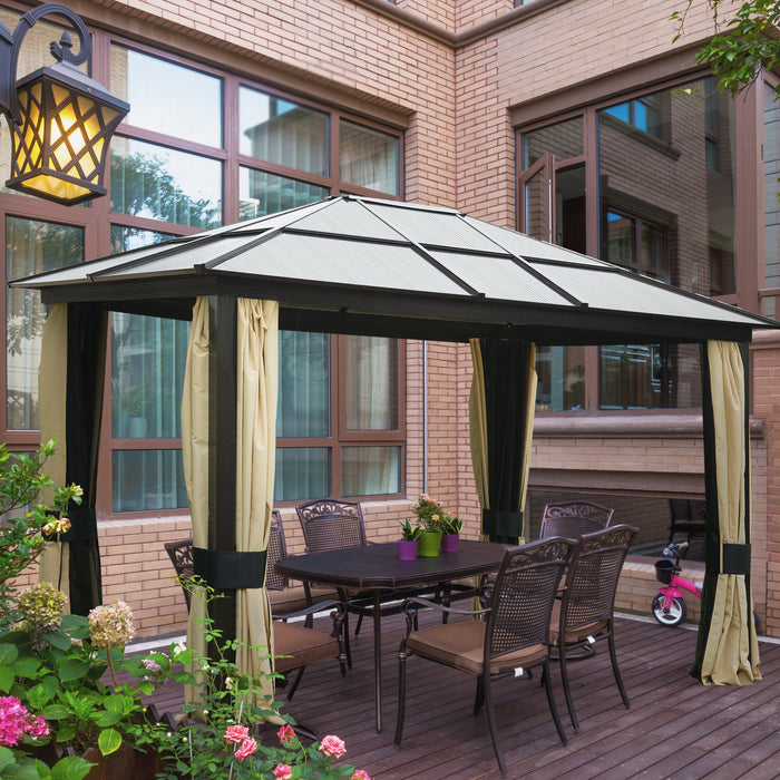 Hardtop Gazebo Canopy with Polycarbonate Roof - 3.6 x 3m Aluminium Frame Pavilion with Mosquito Netting & Curtains, Brown - Elegant Outdoor Shelter for Garden & Entertainment