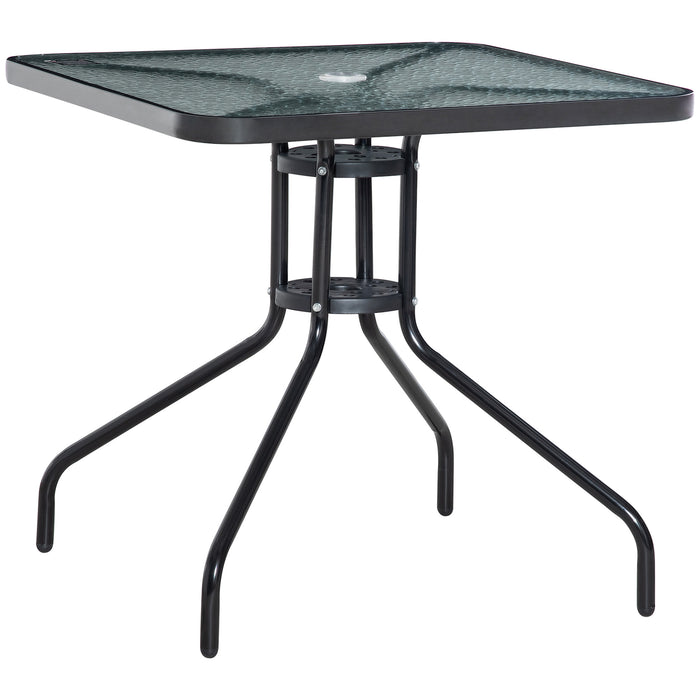 Tempered Glass Square Patio Table - Weather-Resistant Garden Bistro & Dining Table with Steel Frame, 76x76cm - Outdoor Entertainment with Umbrella Hole Compatibility