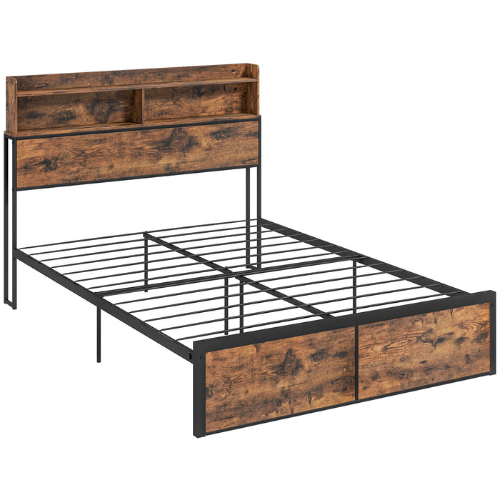 Double Industrial Bed Frame with Storage - 4.8FT Steel Base, Headboard, and Footboard - Ideal for Maximizing Bedroom Space, Rustic Brown, 145x209cm