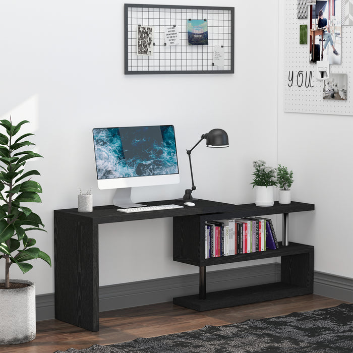 Rotating L-Shaped Corner Desk - 360° Swivel Home Office Computer Workstation with Storage Shelf - Space-Saving Writing Table for Professionals and Students