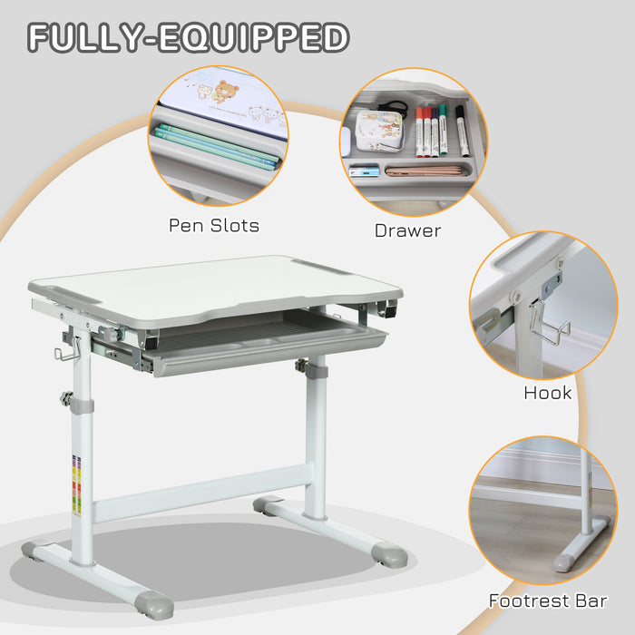 Adjustable Kids Desk & Chair Set - Ergonomic Student Writing and Study Table with Tilting Desktop, Grey - Ideal for Homework and Art Projects