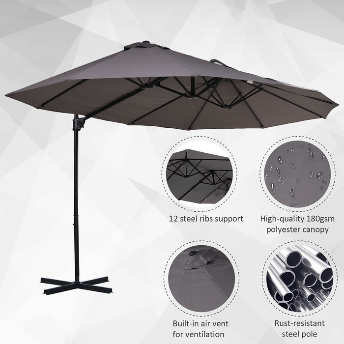 Double Canopy Patio Umbrella with Crank Handle - Steel Pole, 12 Support Ribs, Garden Sun Shade - Ideal for Outdoor Entertaining, Grey Twin Canopy