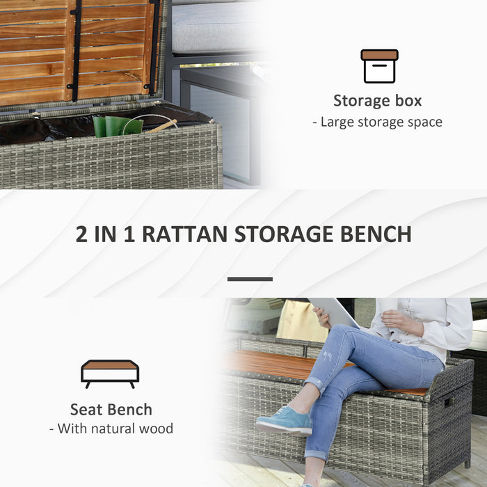 Outdoor Garden Bench with Storage - PE Rattan Wicker Patio Deck Box with Natural Wood Lid - Ideal for Poolside Tools and Accessories Organization in Mixed Grey