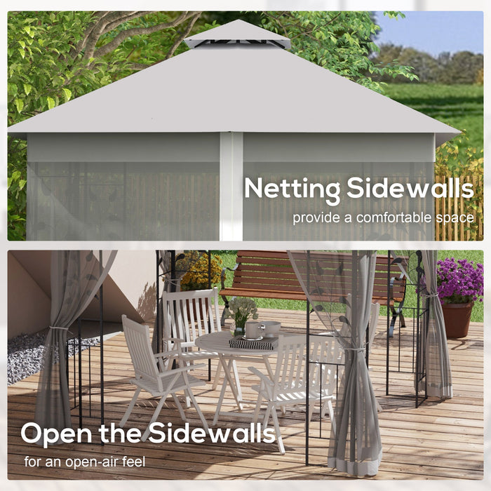 Double Roof Garden Gazebo Canopy - 3m x 3m with Netting & Solid Steel Frame in Light Grey - Outdoor Shelter for Gardens and Patios