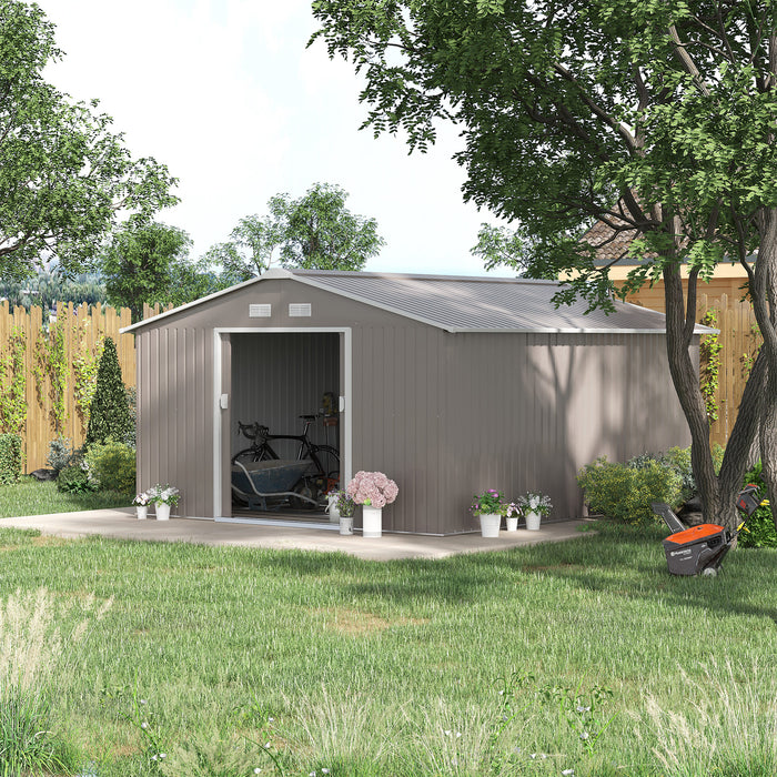 Metal Storage Shed 13x11ft - Outdoor Garden Organizer with Foundation, Ventilation, and Doors - Spacious Solution for Tools and Equipment Storage, Light Grey