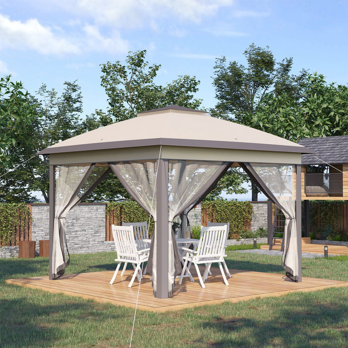 11' x 11' Beige Pop Up Canopy Tent with Double Roof Design - Foldable Structure, Mesh Sidewalls with Zippers, Height Adjustable, Includes Carrying Bag - Perfect for Outdoor Events and Gatherings