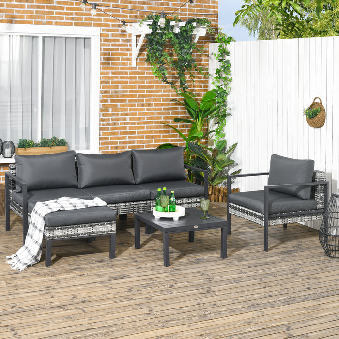 Outdoor Patio Seating Combo - 6-Piece Set with Sofa, Armchair, Stool & Metal Table, Charcoal Grey Cushions - Ideal for Garden and Backyard Lounging