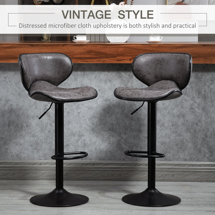 Bar Stool Duo - Microfiber Upholstered Adjustable, Armless & Swivel Chairs in Dark Grey - Ideal for Kitchen Island and Bar Area Comfort