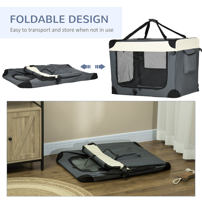 Foldable 91cm Pet Transport Crate with Cushion - Large Dog and Cat Carrier in Grey - Convenient Travel Solution for Pets