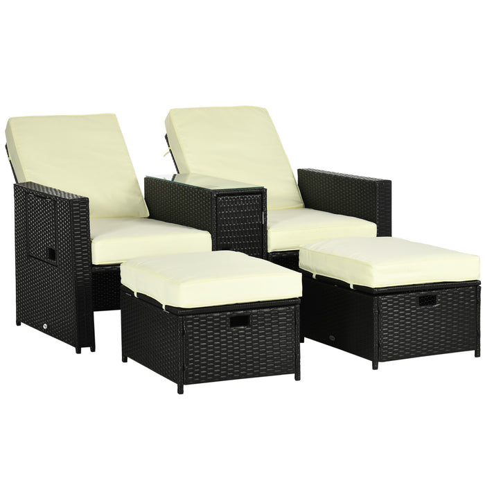 5PC PE Rattan Sun Lounger Set - Outdoor Wicker Adjustable Recliner Sofa Bed with Storage Side Table and Footstools - Perfect for Patio and Garden Relaxation