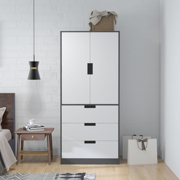 Modern 2-Door Wardrobe with 3 Drawers and Hanging Rod - Bedroom Storage Solution in Elegant Grey - Ideal for Organizing Clothes and Accessories