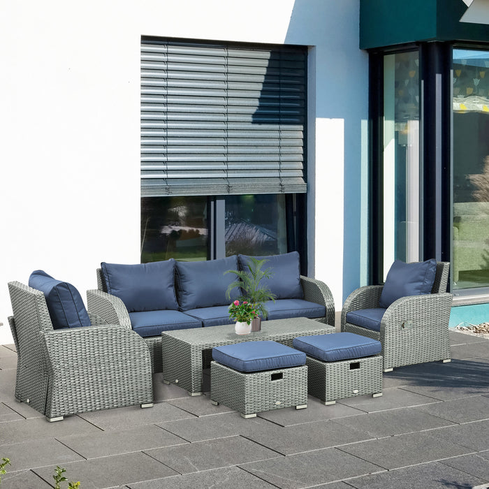 6pc Rattan Wicker Patio Ensemble - 3-Seat Sofa, Single Chairs, Ottomans & Coffee Table - Ideal for Garden and Outdoor Entertaining