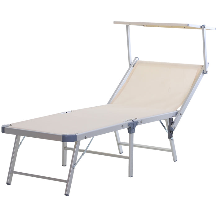 Sun Lounger with Canopy - Adjustable Reclining Texteline Chaise Lounge, Aluminium Frame, Beige - Ideal for Garden Relaxation and Sunbathing