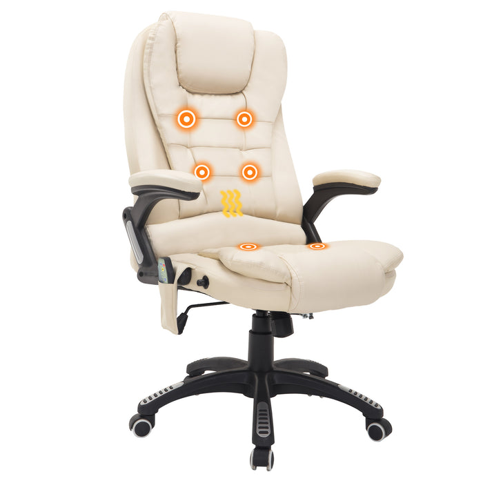 Executive Office Chair with Heat & Massage Feature - High Back PU Leather, Tilt & Reclining Functionality, Beige - Ideal for Stress Relief & Comfort in the Workplace