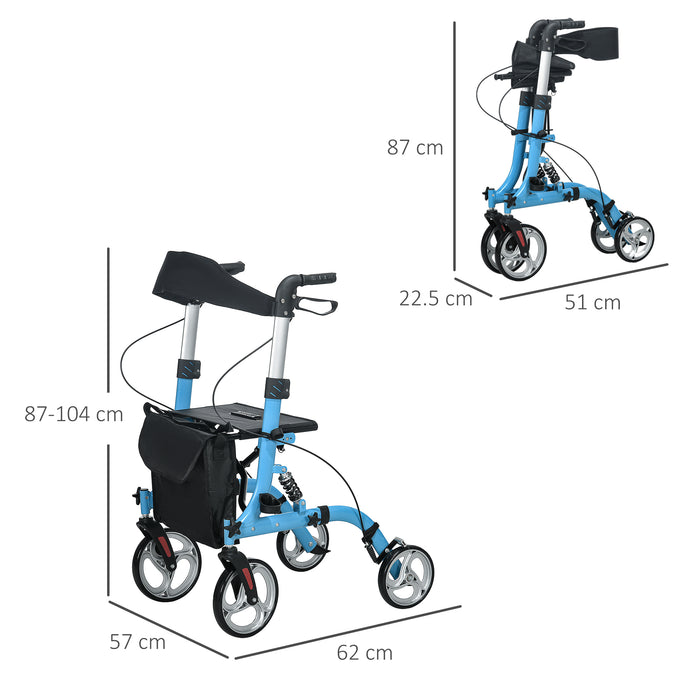 Lightweight 4-Wheel Rollator - Folding Mobility Walker with Seat, Large Wheels, and Carry Bag - Ideal for Seniors, Adjustable Height, Dual Brakes, in Blue