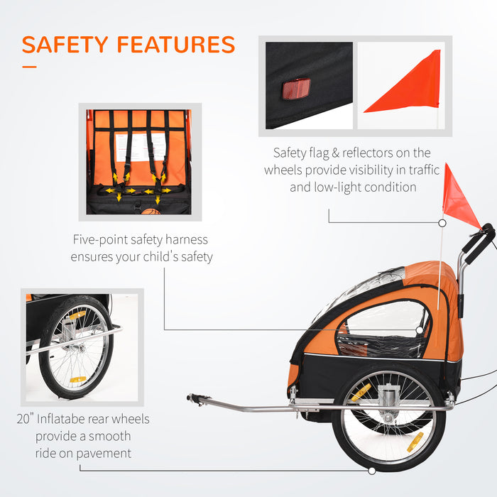 2-Seater Collapsible Baby Bicycle Trailer - Orange, with Pivot Wheel, 18 Month+ Child-Friendly Design - Convenient Transport & Adventure for Young Families