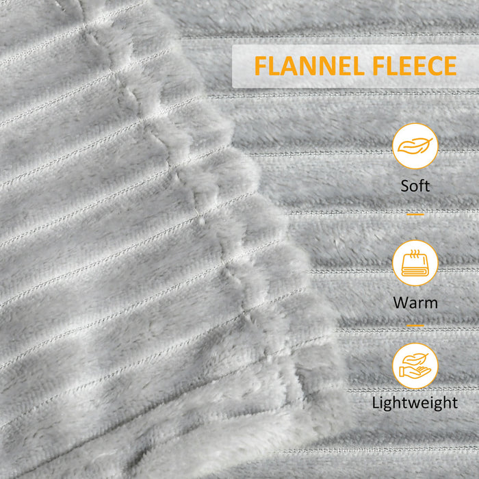 Fluffy Warm Flannel Fleece Throw Blanket - Striped Reversible Single Size Bedspread, 152 x 127cm, Grey - Cozy Comfort for Travel & Home Use