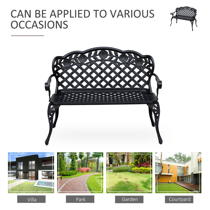 Cast Aluminium Garden Bench - Outdoor 2-Seater Patio Chair with High Back and Armrests in Antique Black - Elegant Seating for Garden and Patio Comfort