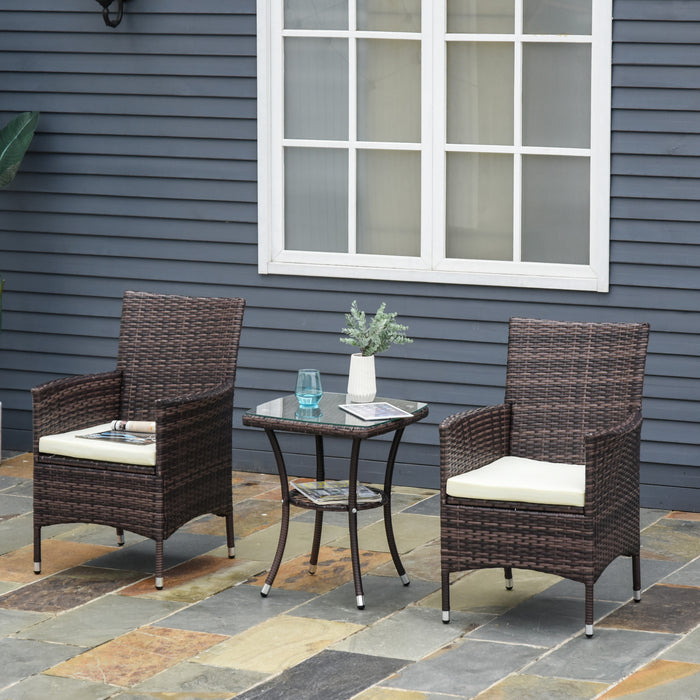 Rattan Garden Bistro Set - 3-Piece Woven Patio Furniture with Chairs and Table - Ideal for Outdoor Dining and Conservatory Spaces (Brown)