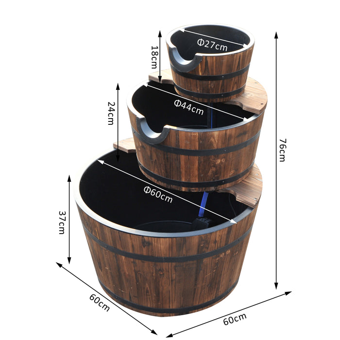 Rustic Wooden Barrel Water Fountain - 3-Tier Cascading Pump Feature for Garden and Deck - Enhances Outdoor Ambiance