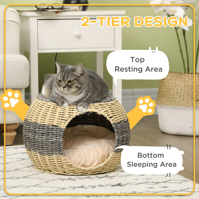 Elevated Rattan Cat Bed - Comfortable Wicker Kitty House with Plush Washable Pillow - Perfect Retreat for Cats & Small Pets