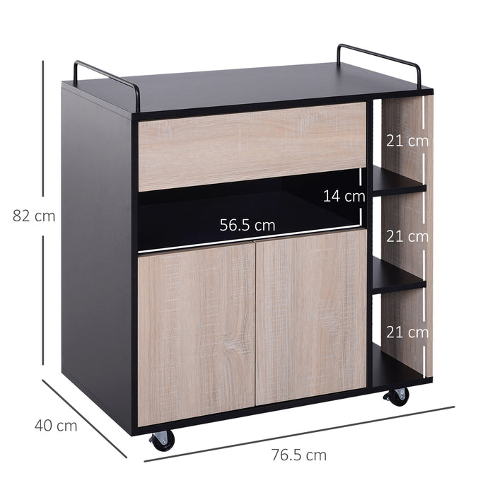 Rolling Kitchen Island Trolley - Spacious 76.5cm Width, 40cm Depth, 82cm Height in Oak & Black - Mobile Storage Solution for Home Chefs & Small Kitchens