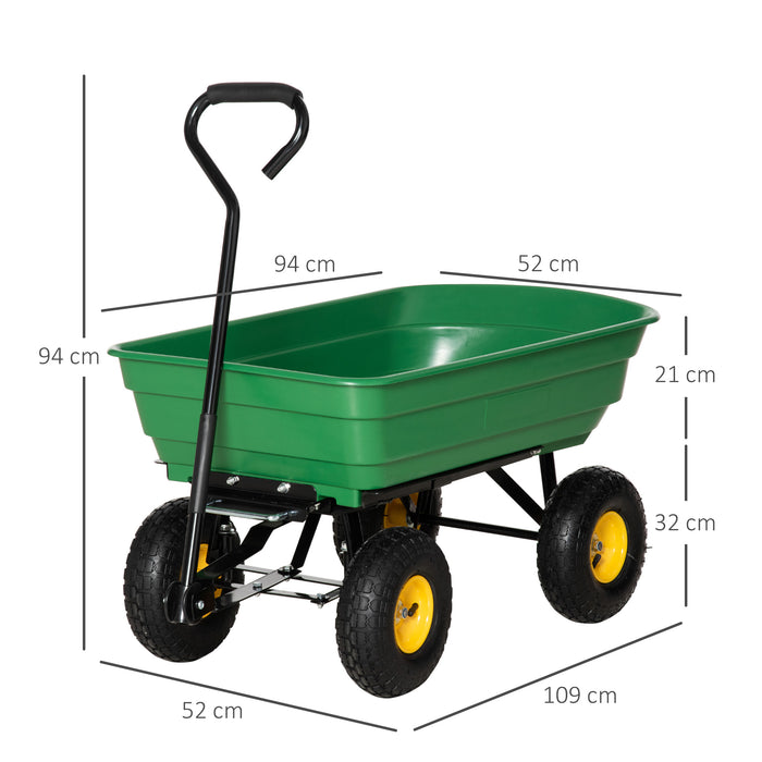 Heavy Duty 75L Garden Cart - 4-Wheel Trolley with Tipping Dump Function, Wheelbarrow Trailer - Ideal for Gardening and Outdoor Projects, Green