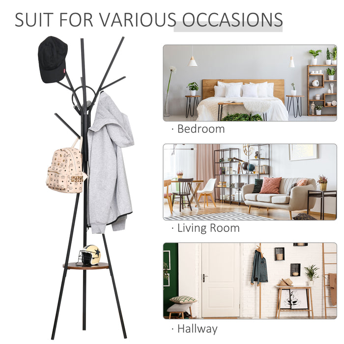 Free Standing Metal Coat Rack with 9 Hooks and Shelf - 180cm Tall Clothes and Hat Stand, Umbrella Organizer - Ideal for Hallway, Home and Office Use