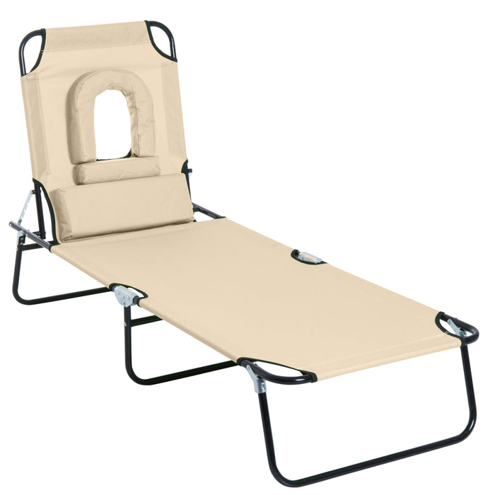 Foldable Sun Lounger with Pillow - Reclining Chair with Reading Hole for Garden & Beach - Outdoor Adjustable Recliner in Beige for Relaxation