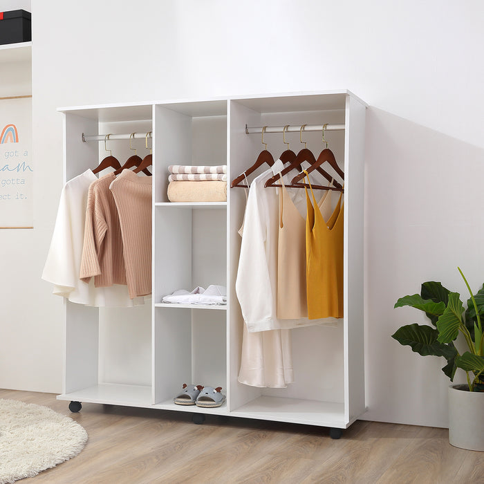 Double Mobile Open Wardrobe - Clothes Hanging Rails and Storage Shelves Organizer for Bedroom - Space-Saving White Furniture Piece