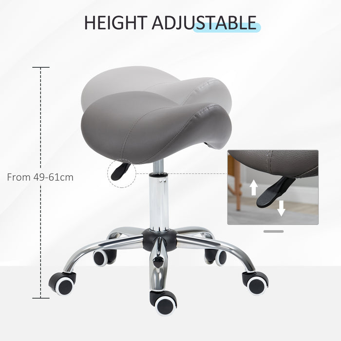 Hydraulic Saddle Stool - 360° Rotatable, Height Adjustable, Faux Leather Spa and Salon Chair with Rolling Base, Grey - Ideal for Cosmetologists, Massage Therapists, and Beauty Professionals