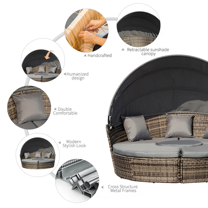 Rattan Outdoor Lounging Set - Cushioned Wicker Round Sofa Bed with Matching Coffee Table - Ideal for Patio Conversations and Relaxation in Grey