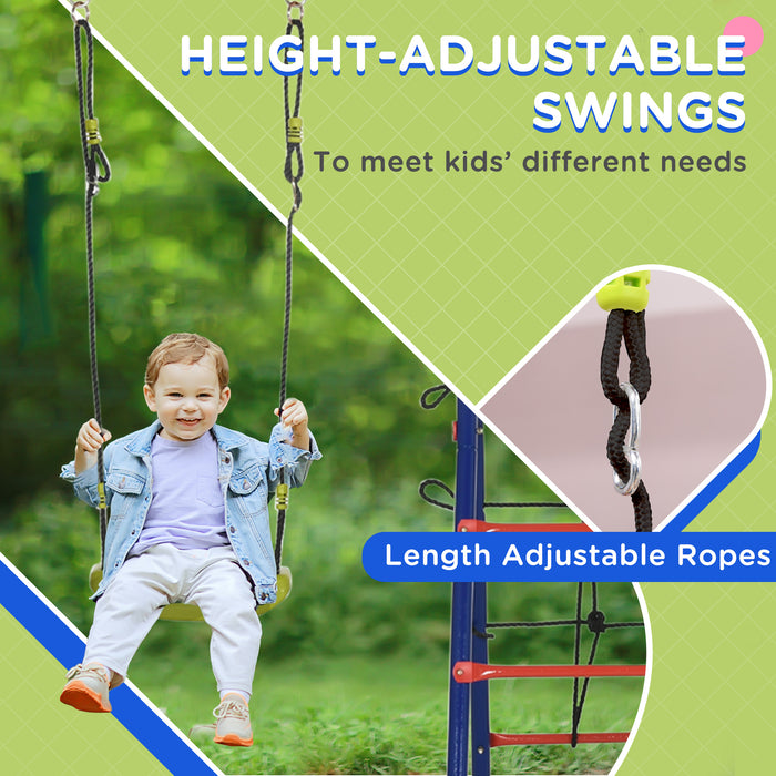 6-in-1 Outdoor Metal Garden Swing Set - Double Kids Swings, Climbing Frame, Glider, Trapeze, Basketball Hoop - Perfect Playset for Children's Backyard Entertainment