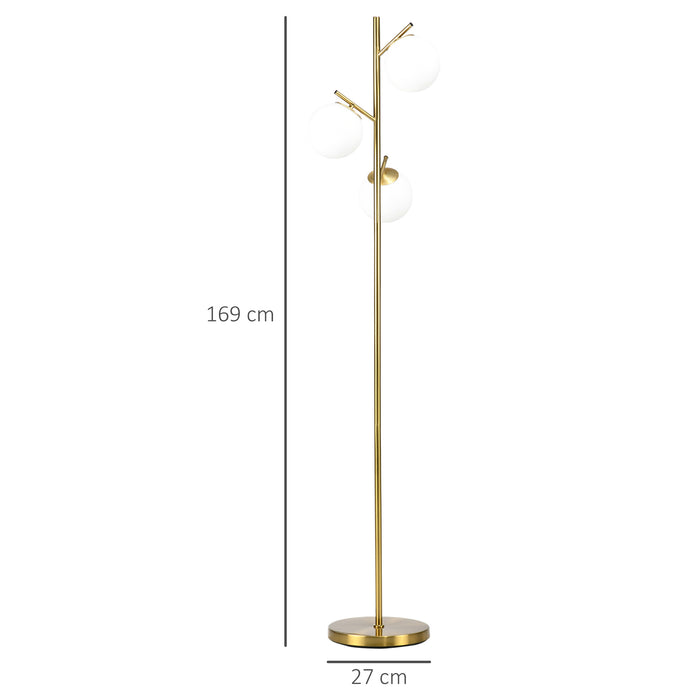 Contemporary 3-Light Tree Floor Lamp - Globe Lampshades, Steel Base, Gold Tone Finish - Stylish Illumination for Living Room and Bedroom