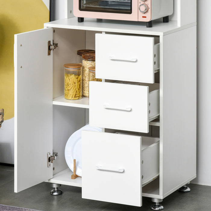 Modern Kitchen Cupboard - White Storage Unit with Cabinets, 3 Drawers, Open Countertop - Ideal for Living Room Organization