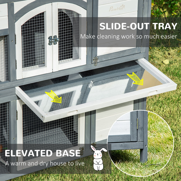 Wooden Two-Tier Rabbit Hutch with Openable Roof - Guinea Pig Cage with Slide-Out Tray & Ramp, Grey - Ideal for Small Pet Housing and Easy Maintenance