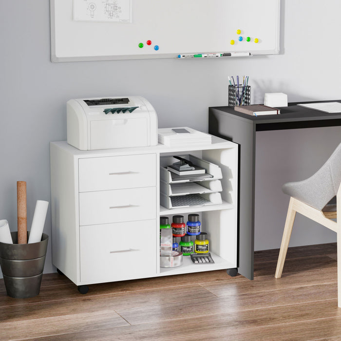 Mobile Printer Stand with Storage - Freestanding Office Desk Side Unit on Wheels with 3 Drawers and 2 Open Shelves, 80x40x65cm - Sleek Modern Design in White for Workspace Organization