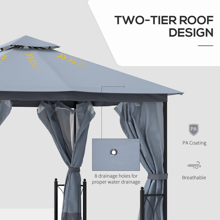 Outdoor Metal Gazebo Canopy 4x3.35m - Dual-Tier Roof, Sun Shade, Mosquito Netting & Privacy Curtains - Elegant Shelter for Garden & Patio Entertaining