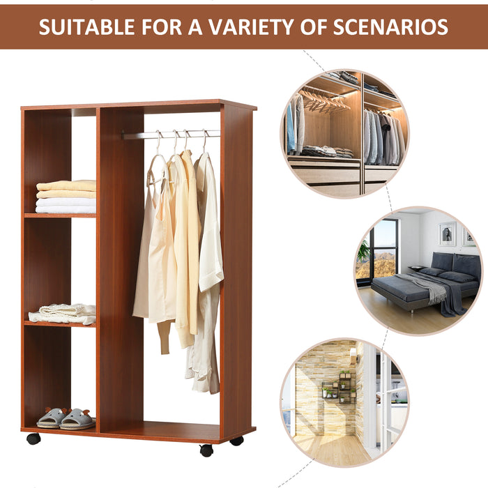 Open Wardrobe with Hanging Rail and Storage Shelves - Mobile Bedroom Clothing Organizer in Walnut Finish - Space-Saving Solution for Clothes and Accessories