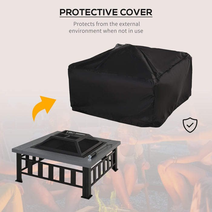 Outdoor Square Metal Firepit - Large Brazier with Rain Cover, Lid, and Log Grate for BBQ & Bonfires - Perfect for Backyard, Camping, 86 x 86 x 54cm, Black