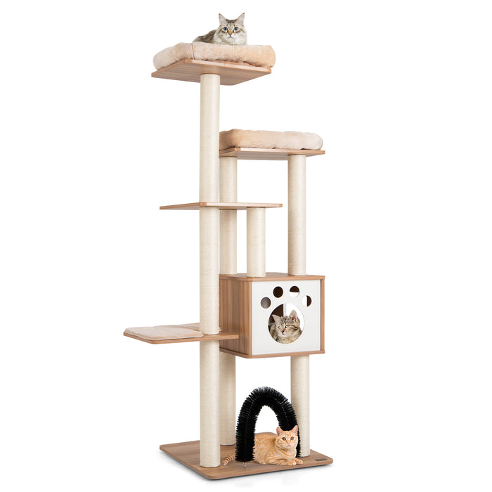 Multi-Level Cat Tree - Massage Arch, Condo, Scratch Posts, Beige Color - Ideal for Playful Cats and Kitten Activity Center
