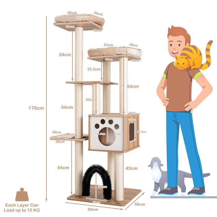 Multi-Level Cat Tree - Massage Arch, Condo, Scratch Posts, Beige Color - Ideal for Playful Cats and Kitten Activity Center